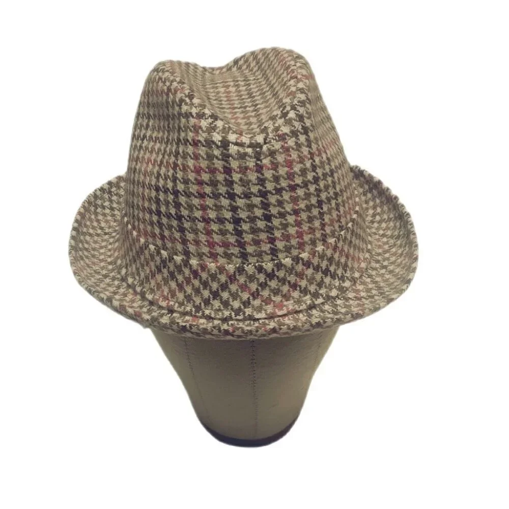 Vintage Brown Red Gingham Tweed Fedora Hat Structured Unisex OS